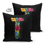 - Suet-K9614-Gorsel2 - Realhomes Siyah Zemin Renkli Gül Temalı T Harfi Özel Tasarım Modern Suet Yastık Kırlent Kılıfı Realhomes