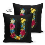 - Suet-K9615-Gorsel2 - Realhomes Siyah Zemin Renkli Gül Temalı U Harfi Özel Tasarım Modern Suet Yastık Kırlent Kılıfı Realhomes