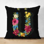 - Suet-K9616-Gorsel1 - Realhomes Siyah Zemin Renkli Gül Temalı Ü Harfi Özel Tasarım Modern Suet Yastık Kırlent Kılıfı Realhomes