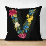 Siyah Zemin Renkli Gül Temalı V Harfi Özel Tasarım Modern Suet Yastık Kırlent Kılıfı Realhomes