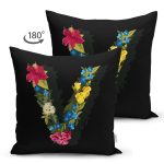 Siyah Zemin Renkli Gül Temalı V Harfi Özel Tasarım Modern Suet Yastık Kırlent Kılıfı Realhomes