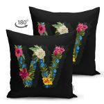 Siyah Zemin Renkli Gül Temalı W Harfi Özel Tasarım Modern Suet Yastık Kırlent Kılıfı Realhomes