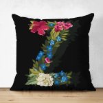 Siyah Zemin Renkli Gül Temalı Z Harfi Özel Tasarım Modern Suet Yastık Kırlent Kılıfı Realhomes