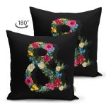 - Suet-K9622-Gorsel2 - Realhomes Siyah Zemin Renkli Gül Temalı & Harfi Özel Tasarım Modern Suet Yastık Kırlent Kılıfı Realhomes