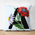 Mavi Zemin Çiçek Desenli Siyah A Harfi Özel Tasarım Modern Suet Yastık Kırlent Kılıfı Realhomes