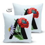 Mavi Zemin Çiçek Desenli Siyah A Harfi Özel Tasarım Modern Suet Yastık Kırlent Kılıfı Realhomes