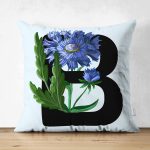 Mavi Zemin Çiçek Desenli Siyah B Harfi Özel Tasarım Modern Suet Yastık Kırlent Kılıfı Realhomes