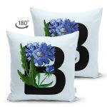 Mavi Zemin Çiçek Desenli Siyah B Harfi Özel Tasarım Modern Suet Yastık Kırlent Kılıfı Realhomes