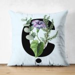 - Suet-K9626-Gorsel1 - Realhomes Mavi Zemin Çiçek Desenli Siyah Ç Harfi Özel Tasarım Modern Suet Yastık Kırlent Kılıfı Realhomes