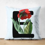 Mavi Zemin Çiçek Desenli Siyah E Harfi Özel Tasarım Modern Suet Yastık Kırlent Kılıfı Realhomes