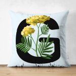 Mavi Zemin Çiçek Desenli Siyah G Harfi Özel Tasarım Modern Suet Yastık Kırlent Kılıfı Realhomes