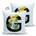 Mavi Zemin Çiçek Desenli Siyah G Harfi Özel Tasarım Modern Suet Yastık Kırlent Kılıfı Realhomes