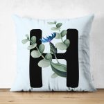 Mavi Zemin Çiçek Desenli Siyah H Harfi Özel Tasarım Modern Suet Yastık Kırlent Kılıfı Realhomes