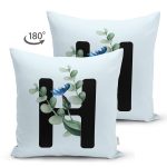 Mavi Zemin Çiçek Desenli Siyah H Harfi Özel Tasarım Modern Suet Yastık Kırlent Kılıfı Realhomes