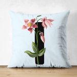 - Suet-K9633-Gorsel1 - Realhomes Mavi Zemin Çiçek Desenli Siyah I Harfi Özel Tasarım Modern Suet Yastık Kırlent Kılıfı Realhomes