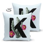 Mavi Zemin Çiçek Desenli Siyah K Harfi Özel Tasarım Modern Suet Yastık Kırlent Kılıfı Realhomes