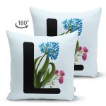 - Suet-K9636-Gorsel2 - Realhomes Mavi Zemin Çiçek Desenli Siyah L Harfi Özel Tasarım Modern Suet Yastık Kırlent Kılıfı Realhomes
