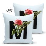 Mavi Zemin Çiçek Desenli Siyah M Harfi Özel Tasarım Modern Suet Yastık Kırlent Kılıfı Realhomes