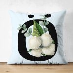 Mavi Zemin Çiçek Desenli Siyah Ö Harfi Özel Tasarım Modern Suet Yastık Kırlent Kılıfı Realhomes