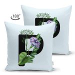 Mavi Zemin Çiçek Desenli Siyah P Harfi Özel Tasarım Modern Suet Yastık Kırlent Kılıfı Realhomes