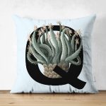 - Suet-K9642-Gorsel1 - Realhomes Mavi Zemin Çiçek Desenli Siyah Q Harfi Özel Tasarım Modern Suet Yastık Kırlent Kılıfı Realhomes