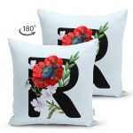 - Suet-K9643-Gorsel2 - Realhomes Mavi Zemin Çiçek Desenli Siyah R Harfi Özel Tasarım Modern Suet Yastık Kırlent Kılıfı Realhomes