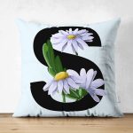 Mavi Zemin Çiçek Desenli Siyah S Harfi Özel Tasarım Modern Suet Yastık Kırlent Kılıfı Realhomes