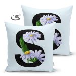 Mavi Zemin Çiçek Desenli Siyah S Harfi Özel Tasarım Modern Suet Yastık Kırlent Kılıfı Realhomes