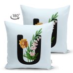 - Suet-K9647-Gorsel2 - Realhomes Mavi Zemin Çiçek Desenli Siyah U Harfi Özel Tasarım Modern Suet Yastık Kırlent Kılıfı Realhomes