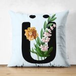 Mavi Zemin Çiçek Desenli Siyah Ü Harfi Özel Tasarım Modern Suet Yastık Kırlent Kılıfı Realhomes