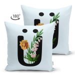 Mavi Zemin Çiçek Desenli Siyah Ü Harfi Özel Tasarım Modern Suet Yastık Kırlent Kılıfı Realhomes