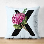 Mavi Zemin Çiçek Desenli Siyah X Harfi Özel Tasarım Modern Suet Yastık Kırlent Kılıfı Realhomes