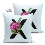 Mavi Zemin Çiçek Desenli Siyah X Harfi Özel Tasarım Modern Suet Yastık Kırlent Kılıfı Realhomes