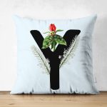 Mavi Zemin Çiçek Desenli Siyah Y Harfi Özel Tasarım Modern Suet Yastık Kırlent Kılıfı Realhomes