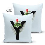 Mavi Zemin Çiçek Desenli Siyah Y Harfi Özel Tasarım Modern Suet Yastık Kırlent Kılıfı Realhomes