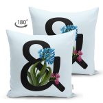 Mavi Zemin Çiçek Desenli Siyah & Harfi Özel Tasarım Modern Suet Yastık Kırlent Kılıfı Realhomes