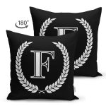 - Suet-K9661-Gorsel2 - Realhomes Siyah Beyaz Çelenkli F Harfi Özel Tasarım Modern Suet Yastık Kırlent Kılıfı Realhomes