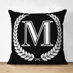 Siyah Beyaz Çelenkli M Harfi Özel Tasarım Modern Suet Yastık Kırlent Kılıfı Realhomes
