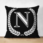Siyah Beyaz Çelenkli N Harfi Özel Tasarım Modern Suet Yastık Kırlent Kılıfı Realhomes