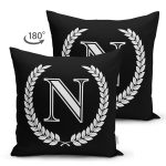 Siyah Beyaz Çelenkli N Harfi Özel Tasarım Modern Suet Yastık Kırlent Kılıfı Realhomes