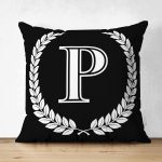 - Suet-K9673-Gorsel1 - Realhomes Siyah Beyaz Çelenkli P Harfi Özel Tasarım Modern Suet Yastık Kırlent Kılıfı Realhomes