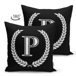 - Suet-K9673-Gorsel2 - Realhomes Siyah Beyaz Çelenkli P Harfi Özel Tasarım Modern Suet Yastık Kırlent Kılıfı Realhomes