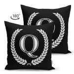 - Suet-K9674-Gorsel2 - Realhomes Siyah Beyaz Çelenkli Q Harfi Özel Tasarım Modern Suet Yastık Kırlent Kılıfı Realhomes