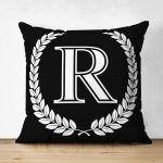 Siyah Beyaz Çelenkli R Harfi Özel Tasarım Modern Suet Yastık Kırlent Kılıfı Realhomes