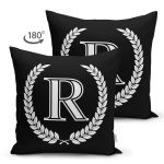 Siyah Beyaz Çelenkli R Harfi Özel Tasarım Modern Suet Yastık Kırlent Kılıfı Realhomes