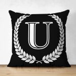 - Suet-K9679-Gorsel1 - Realhomes Siyah Beyaz Çelenkli U Harfi Özel Tasarım Modern Suet Yastık Kırlent Kılıfı Realhomes