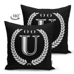 - Suet-K9680-Gorsel2 - Realhomes Siyah Beyaz Çelenkli Ü Harfi Özel Tasarım Modern Suet Yastık Kırlent Kılıfı Realhomes