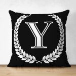 Siyah Beyaz Çelenkli Y Harfi Özel Tasarım Modern Suet Yastık Kırlent Kılıfı Realhomes