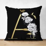 - Suet-K9687-Gorsel1 - Realhomes Siyah Zemin Beyaz Gül Motifli Gold A Harfi Özel Tasarım Modern Suet Yastık Kırlent Kılıfı Realhomes