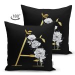 - Suet-K9687-Gorsel2 - Realhomes Siyah Zemin Beyaz Gül Motifli Gold A Harfi Özel Tasarım Modern Suet Yastık Kırlent Kılıfı Realhomes